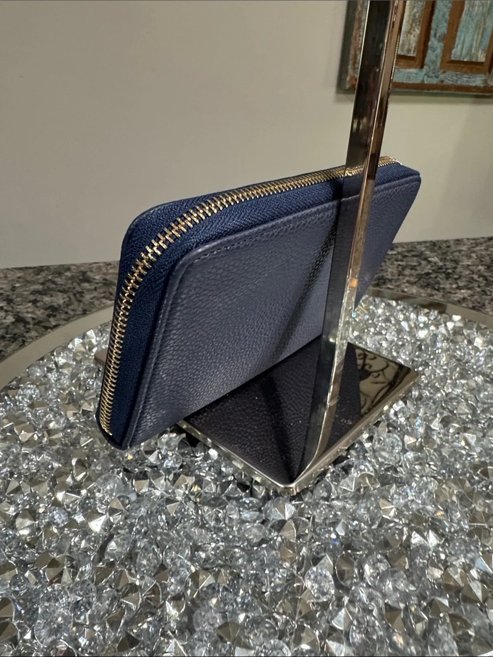 Bandolino Navy Pebbled Zip Wristlet with Gold Plaque